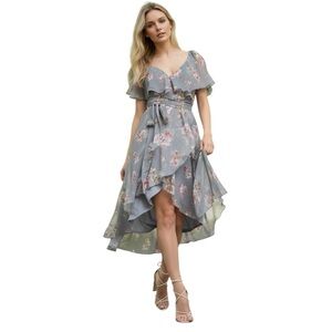 ASOS Design Grey Floral Split Sleeve Cape Back MIDI Dress w/Tie Shoulder New 6